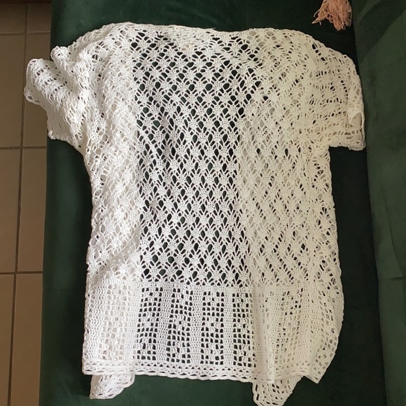 Crochet Button Down White Short Sleeve Top Boho - Picture 2 of 6